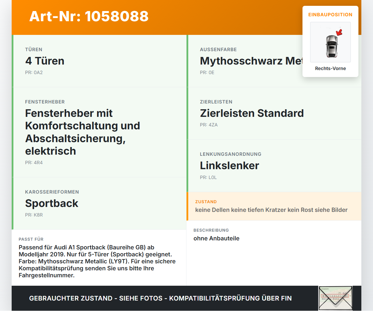 Audi A1 Sportback 18-24 Tür Beifahrertür Rechts Vorne LY9T Audi A1 Sportback 18-24 29.03.2019 82G831052 gebraucht Vorschau 3