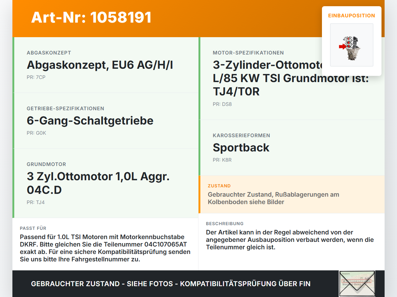 Audi A1 Sportback 18-24 1,0 85KW DKRF Kolben mit Pleuel Pos A Audi A1 Sportback 18-24 29.03.2019 04C107065AT gebraucht Vorschau 3