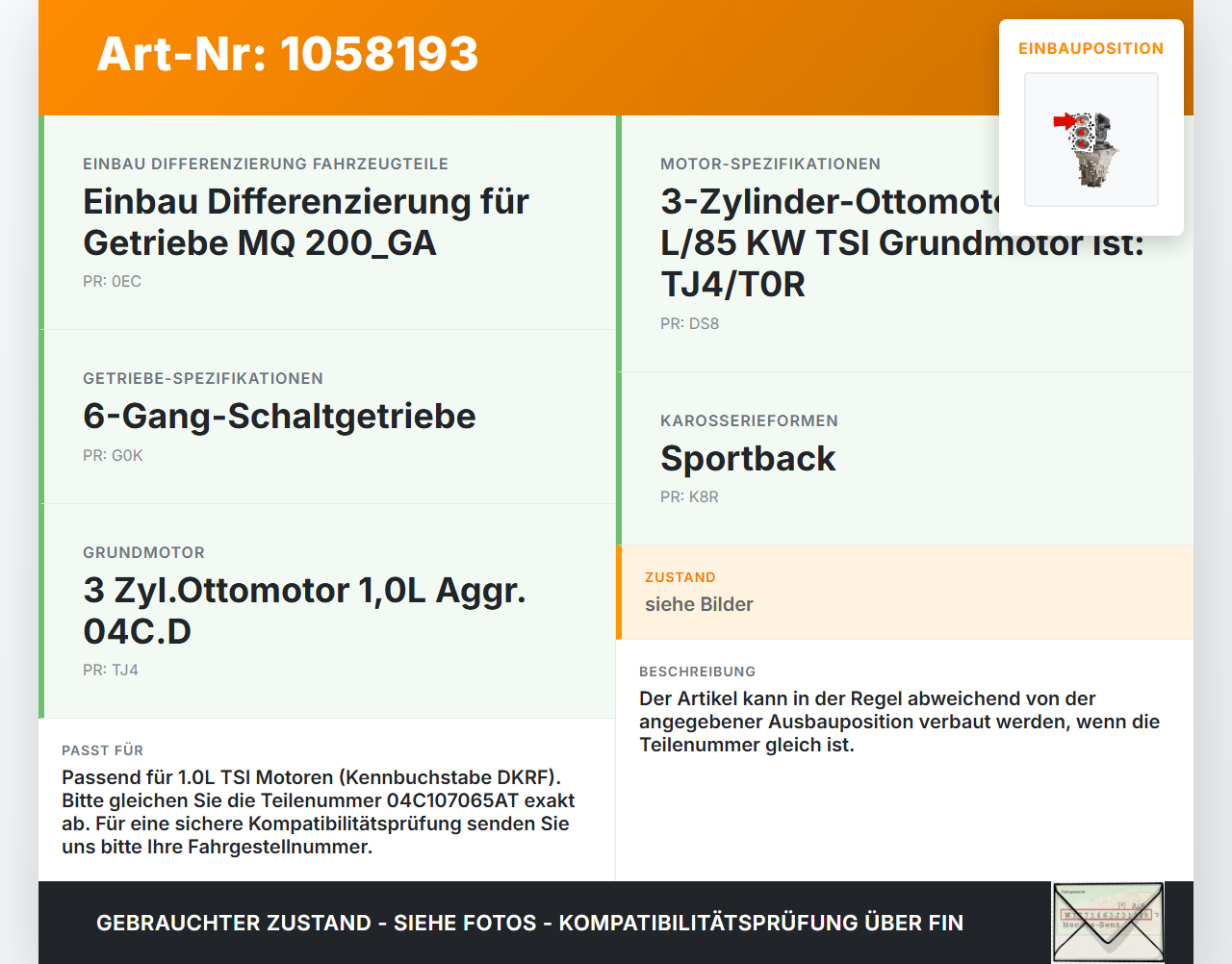 Audi A1 Sportback 18-24 1,0 85KW DKRF Kolben mit Pleuel Pos C Audi A1 Sportback 18-24 29.03.2019 04C107065AT gebraucht Vorschau 3