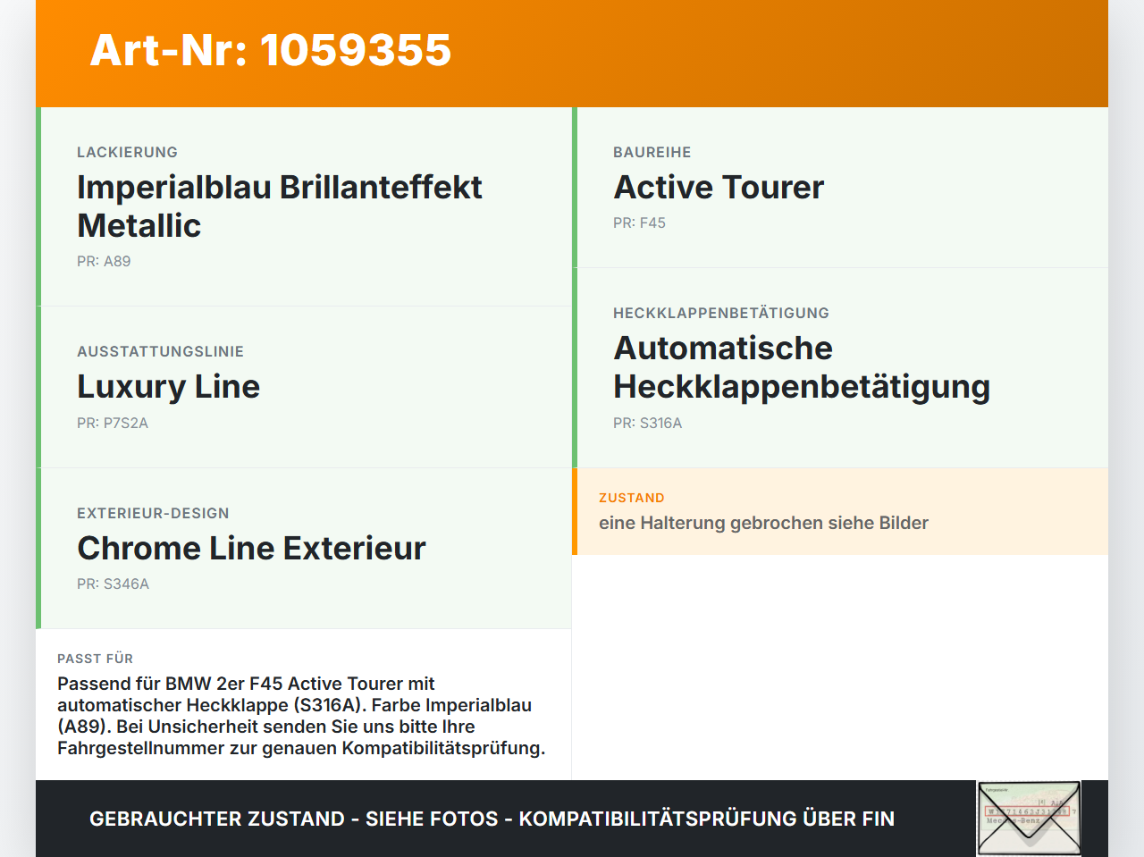 BMW 218i F45 14-18 Blende Oberer Rahmen für Heckklappe Spoileraufnahme BMW 218i F45 14-18 17.07.2017 7348578... Vorschau 3