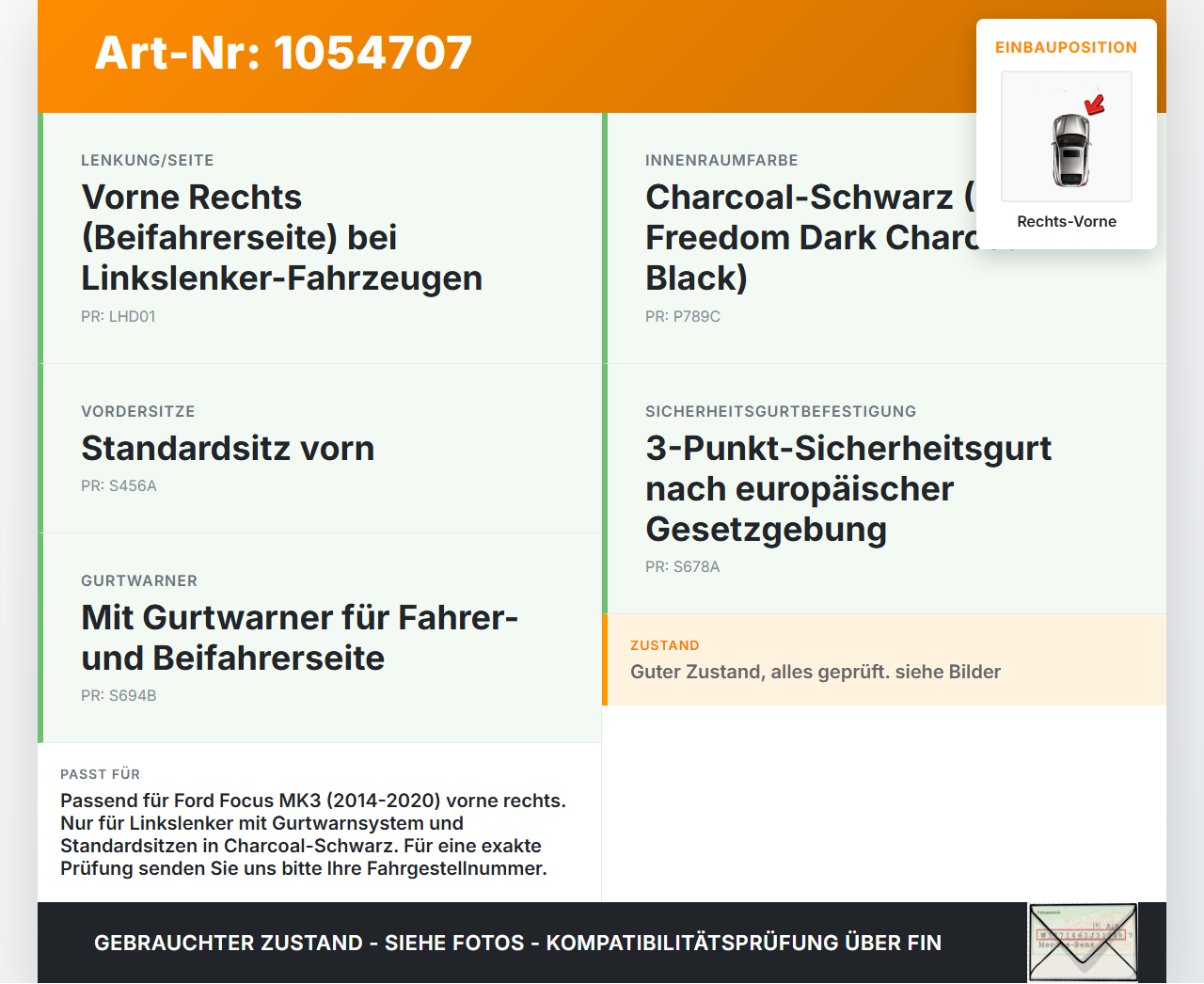 Ford Focus III 3 14-20 Kombi Gurtschloss Rechts Vorne Ford Focus III 3 14-20 05.07.2017 BM51-61208-ACW 620392200C... Vorschau 3