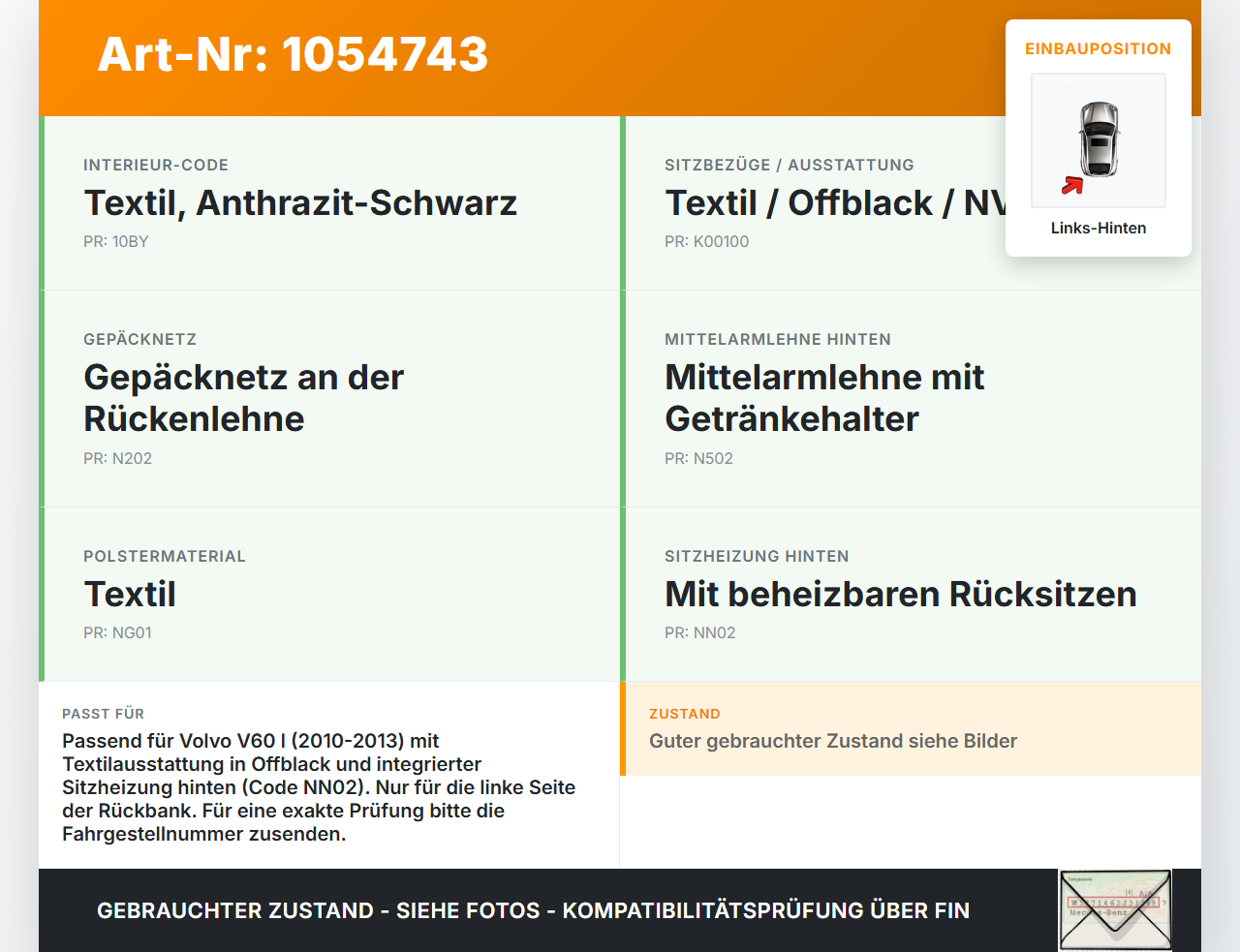 Volvo V60 I 155 10-13 Kombi Sitzbezug Rückenpolster Links für Rücksitzbank Hinten Volvo V60 I 155 10-13 29.09.2014... Vorschau 3