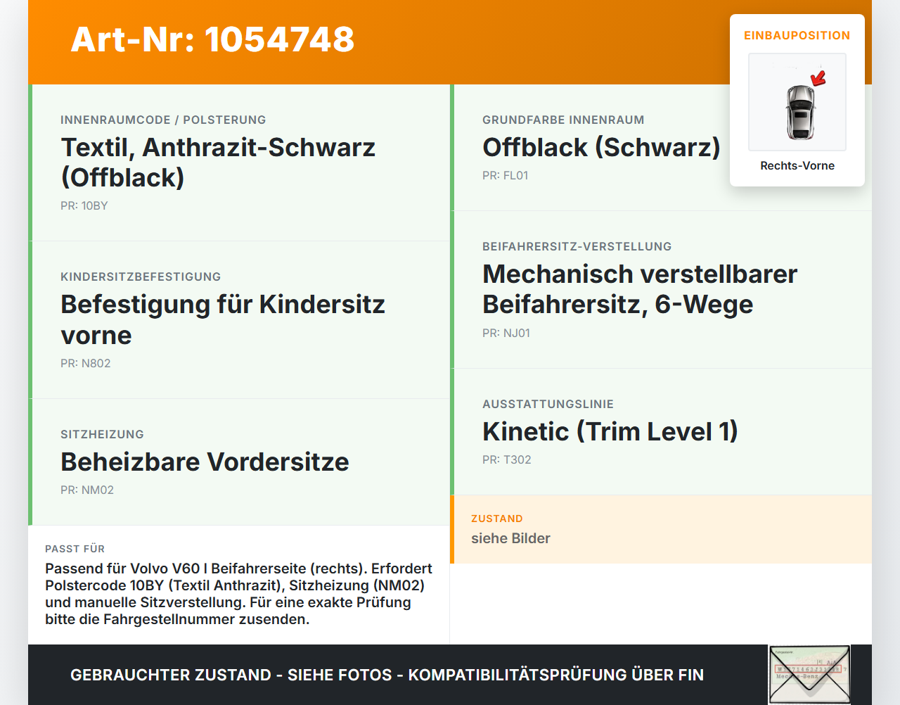 Volvo V60 I 155 10-13 Kombi Sitzbezug Rückenpolster Rechts Vorne für Sitz beheizt Volvo V60 I 155 10-13 29.09.2014... Vorschau 3