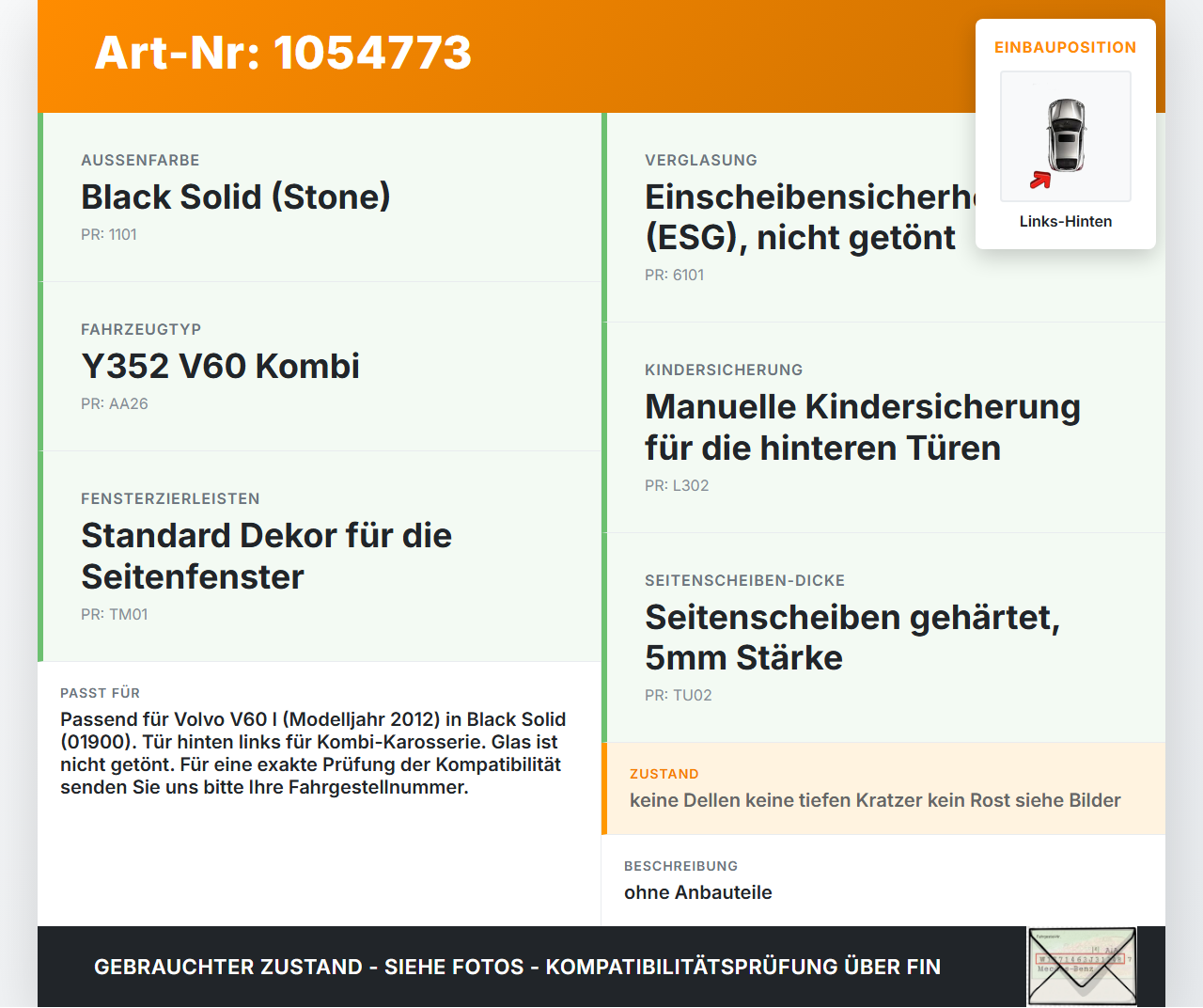 Volvo V60 I 155 10-13 Kombi Tür Links Hinten 01900 Volvo V60 I 155 10-13 29.09.2014 gebraucht Vorschau 3