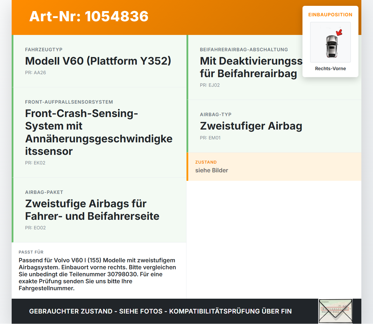 Volvo V60 I 155 10-13 Airbagsensor Crashsensor Sensor Rechts Vorne Volvo V60 I 155 10-13 29.09.2014 30798030 gebraucht Vorschau 3