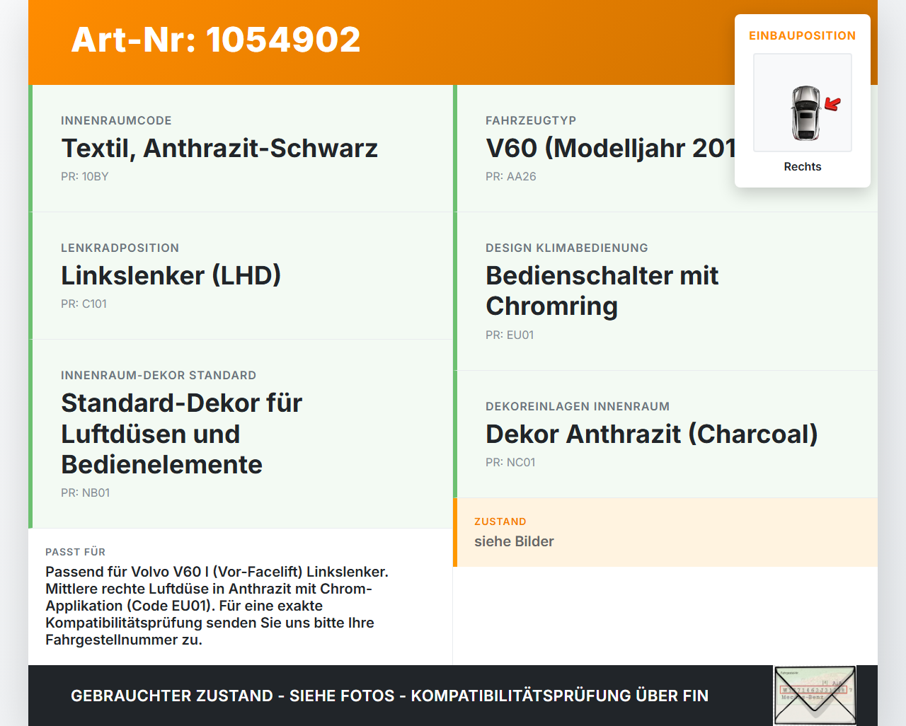 Volvo V60 I 155 10-13 Luftdusche Luftdüse Rechts Mitte Volvo V60 I 155 10-13 29.09.2014 7350-000-2 gebraucht Vorschau 3
