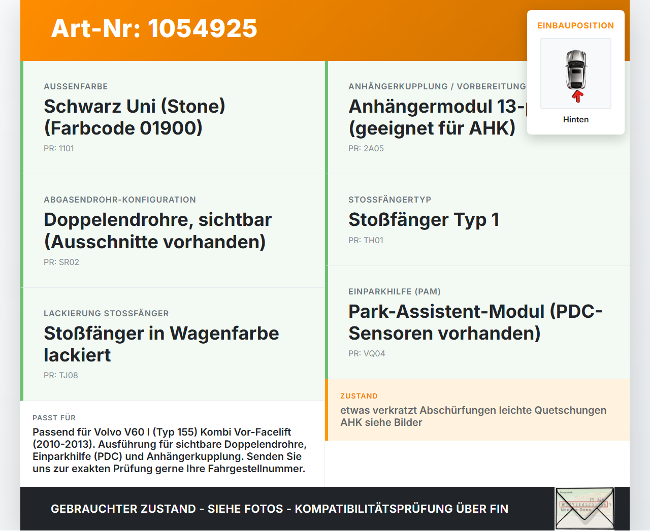 Volvo V60 I 155 10-13 Kombi Stoßstange Stoßfänger Heckstosstange Hinten 01900 Volvo V60 I 155 10-13 29.09.2014... Vorschau 3