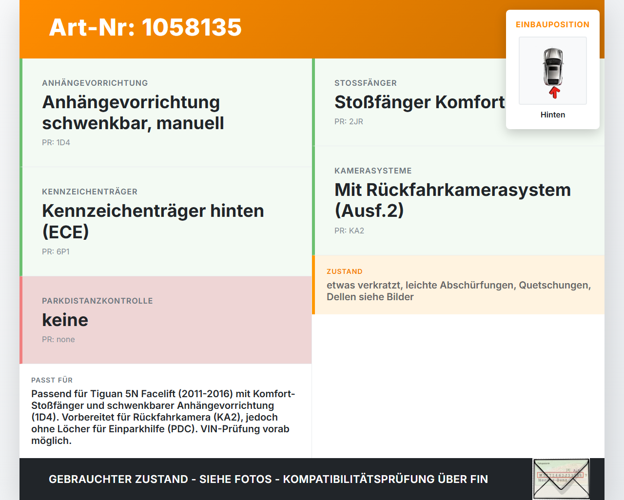 VW Tiguan 5N 11-16 Stoßstange Stoßfänger Heckstosstange Hinten LA1X VW Tiguan 5N 11-16 12.12.2012 8T8807303A... Vorschau 3