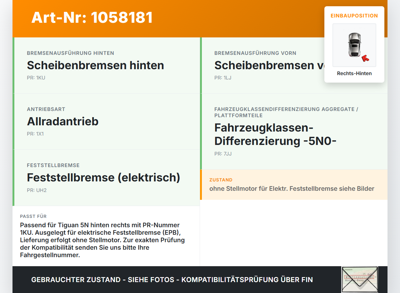 VW Tiguan 5N 11-16 2,0 155KW Bremssattel Bremszange Hinten Rechts VW Tiguan 5N 11-16 12.12.2012 5N0615404 gebraucht Vorschau 3