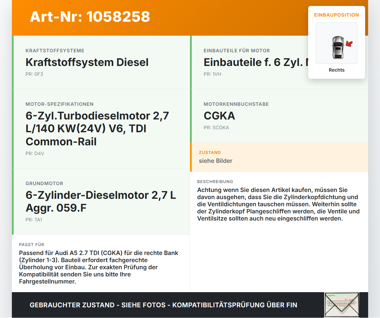 Audi Audi A5 8T 09-11 TDI 2,7 140KW CGKA Zylinderkopf Rechts 1-3 Audi Audi A5 8T 09-11 20.04.2011 059103266M gebraucht Vorschau 3