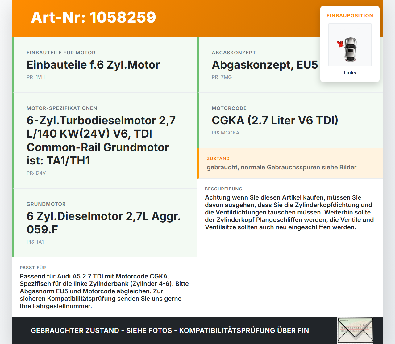 Audi Audi A5 8T 09-11 TDI 2,7 140KW CGKA Zylinderkopf Links Audi Audi A5 8T 09-11 20.04.2011 059109153F 059103265M... Vorschau 3