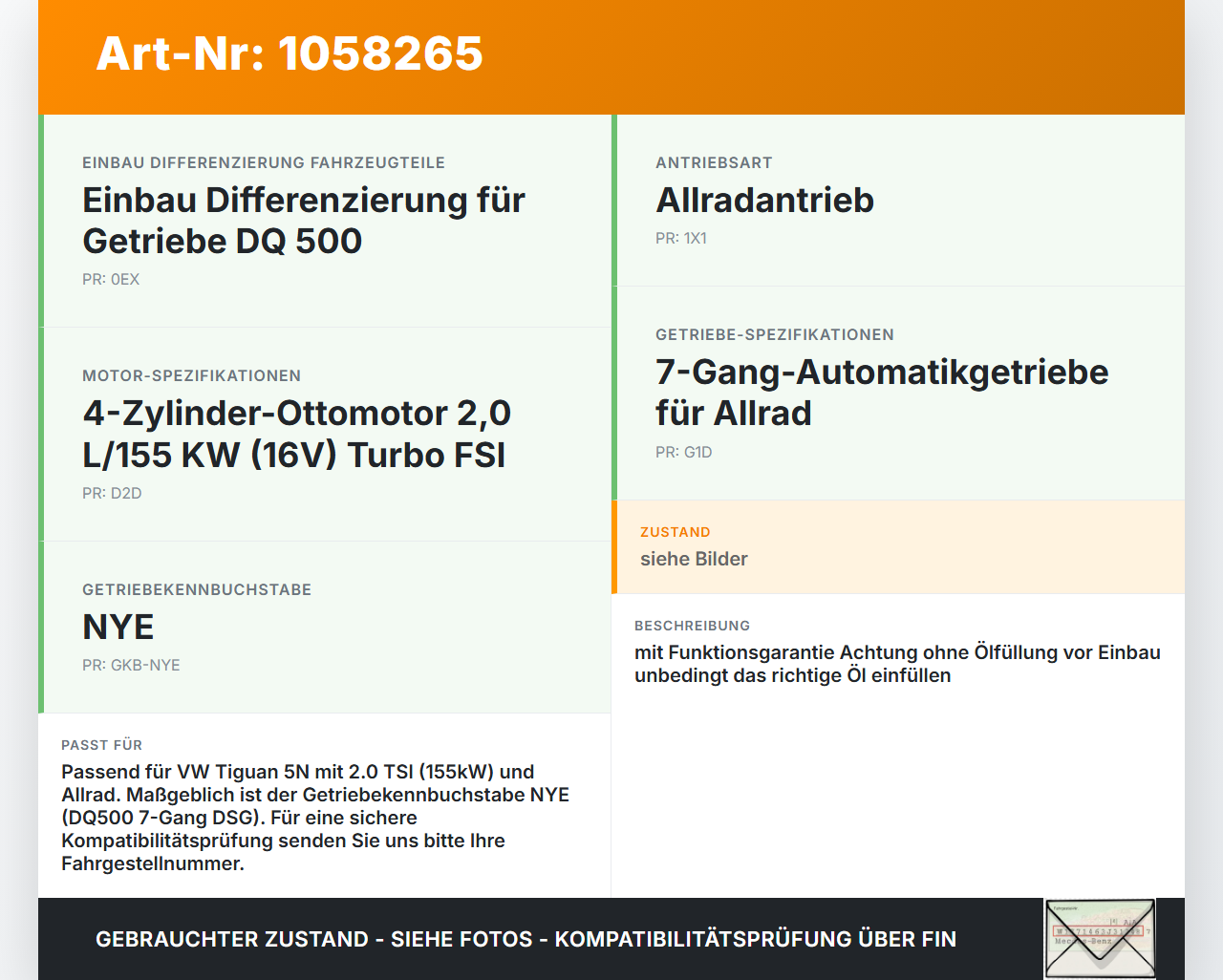 VW Tiguan 5N 11-16 2,0 155KW 4WD NYE Automatikgetriebe 6-Gang Allrad SDP VW Tiguan 5N 11-16 12.12.2012 0BH300012B... Vorschau 3