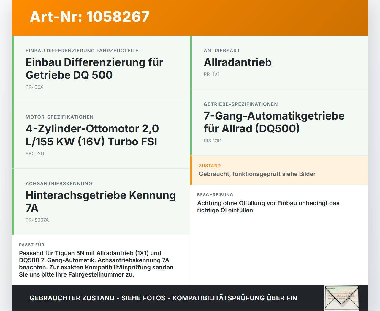 VW Tiguan 5N 11-16 2,0 155KW 4WD Differential Hinterachsgetriebe VW Tiguan 5N 11-16 12.12.2012 0AY525010L gebraucht Vorschau 3