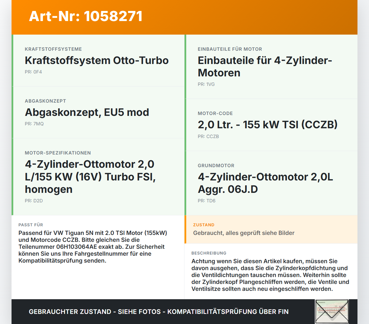 VW Tiguan 5N 11-16 2,0 155KW CCZB Zylinderkopf VW Tiguan 5N 11-16 12.12.2012 06H103064AE gebraucht Vorschau 3