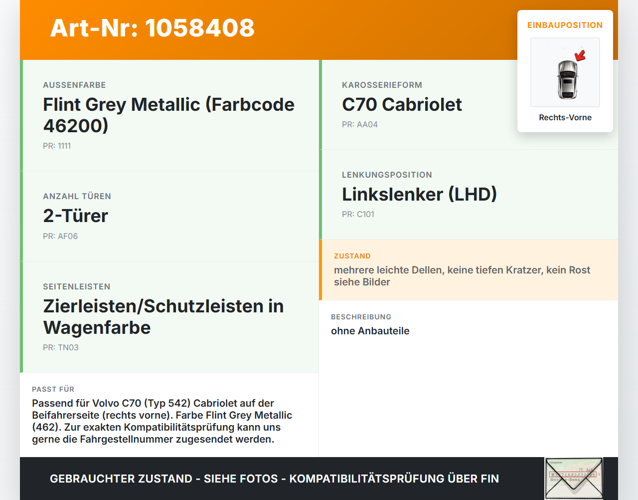 Volvo C70 542 06-09 Cabrio Tür Beifahrertür Rechts Vorne 46200 Volvo C70 542 06-09 01.06.2007 9466342 gebraucht Vorschau 3