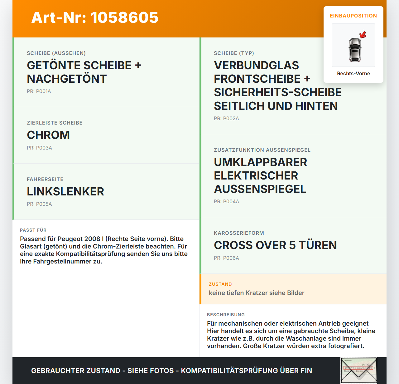 Peugeot 2008 I 13-19 Seitenscheibe RVK Türscheibe Rechts Vorne Peugeot 2008 I 13-19 01.12.2016 9676387980 gebraucht Vorschau 3