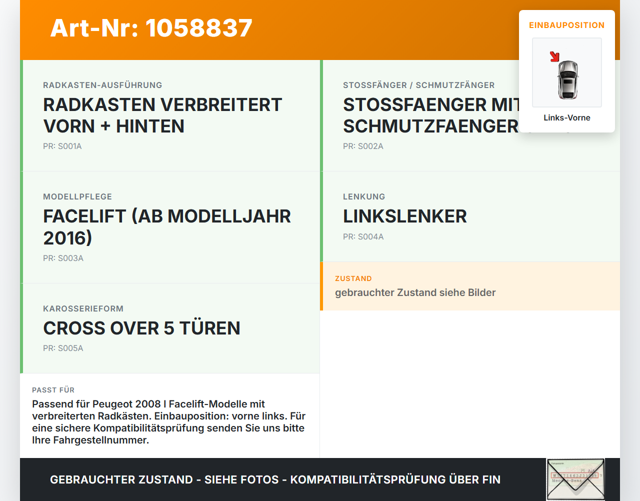 Peugeot 2008 I 13-19 Verkleidung Radhausschale Links Vorne für Kotflügel Peugeot 2008 I 13-19 01.12.2016 9677639180... Vorschau 3