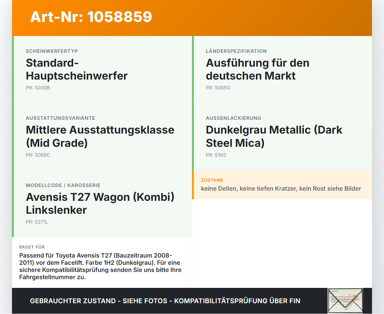 Toyota Avensis T27 08-11 Motorhaube Frontklappe Haube 1H2 Toyota Avensis T27 08-11 07.09.2011 5330105040 gebraucht Vorschau 3