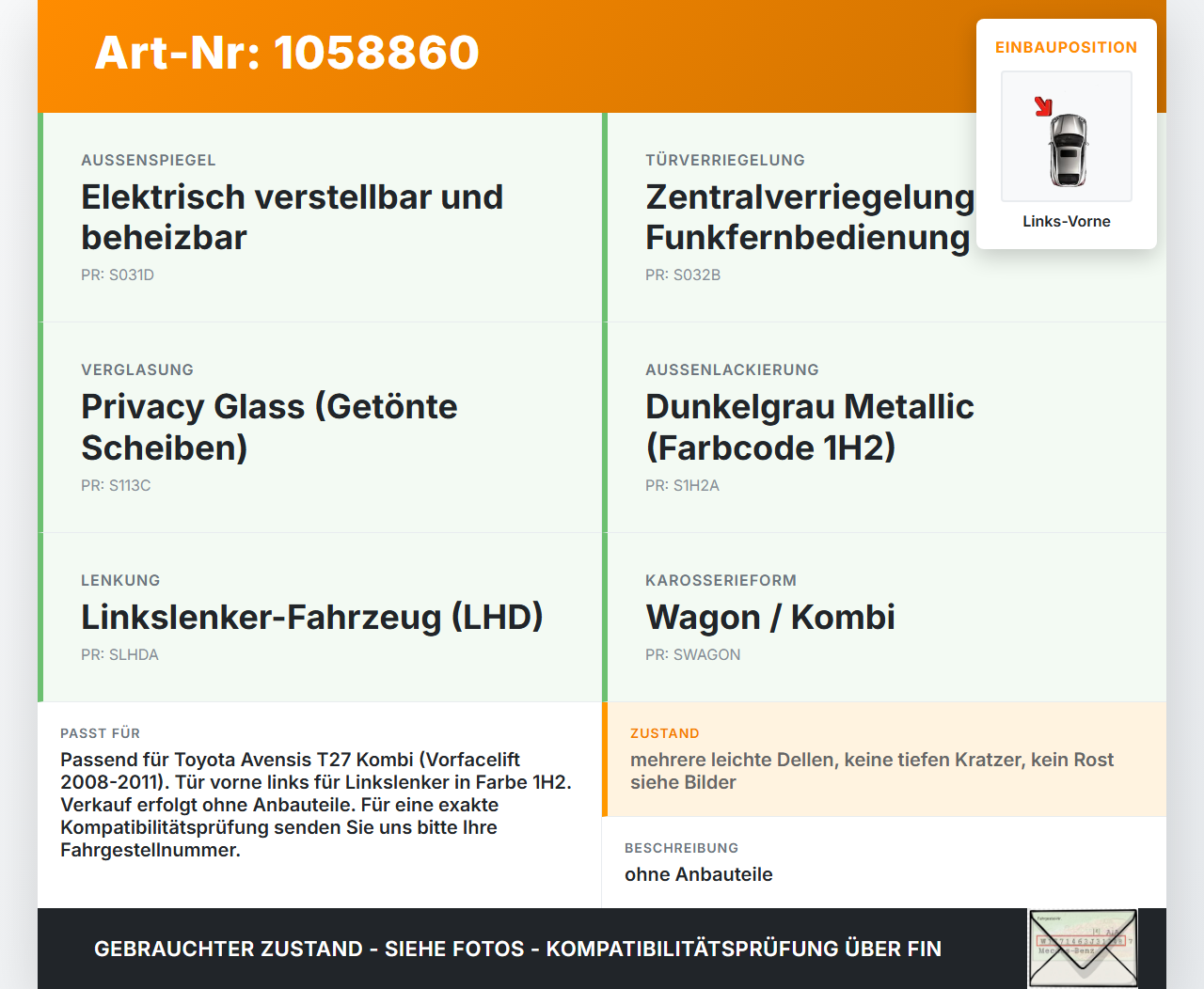 Toyota Avensis T27 08-11 Kombi Tür Fahrertür Links Vorne 1H2 Toyota Avensis T27 08-11 07.09.2011 6700205070 gebraucht Vorschau 3