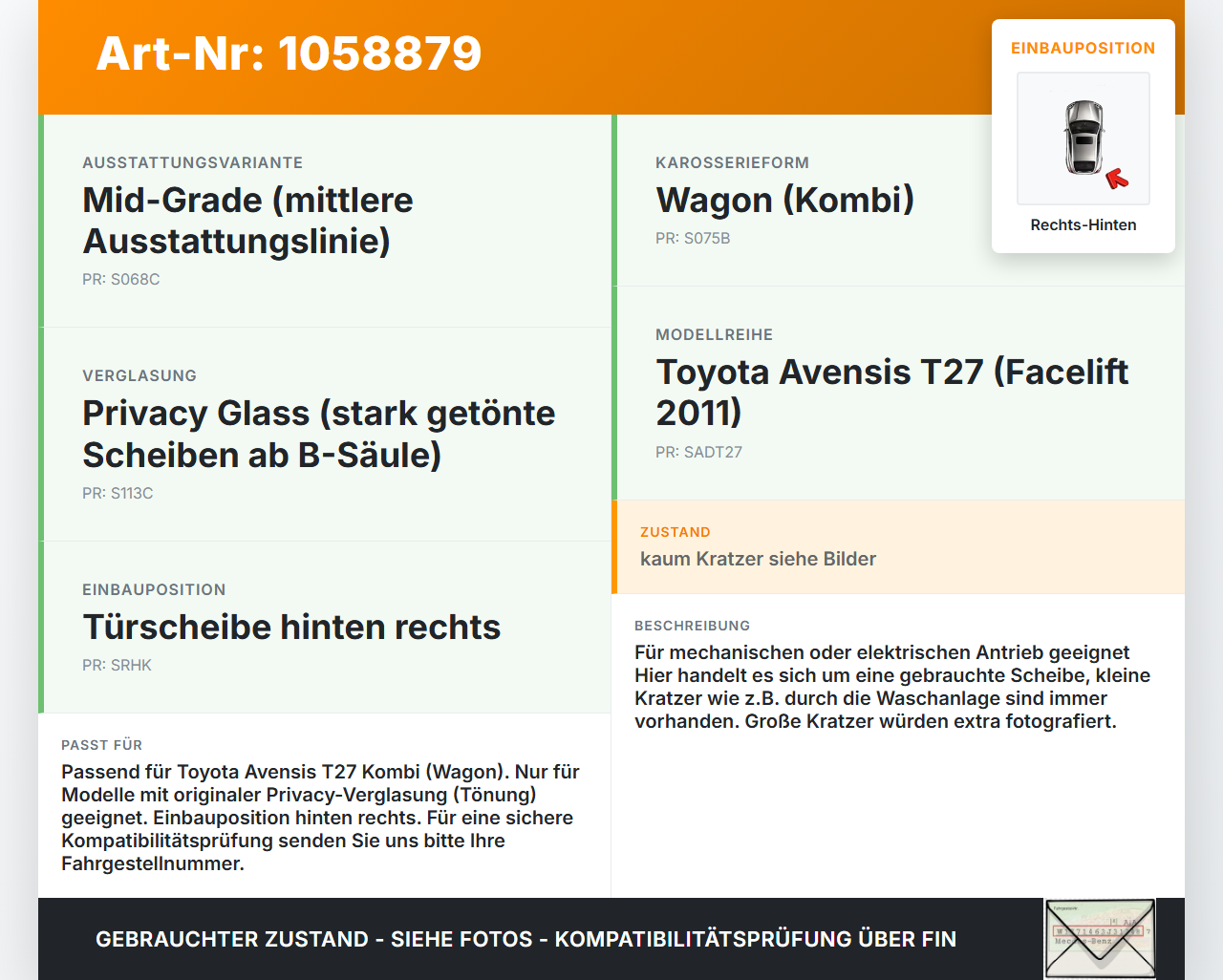 Toyota Avensis T27 08-11 Kombi RHK Seitenscheibe Tür Türscheibe Rechts Hinten Orig. getönt Toyota Avensis T27 08-11... Vorschau 3