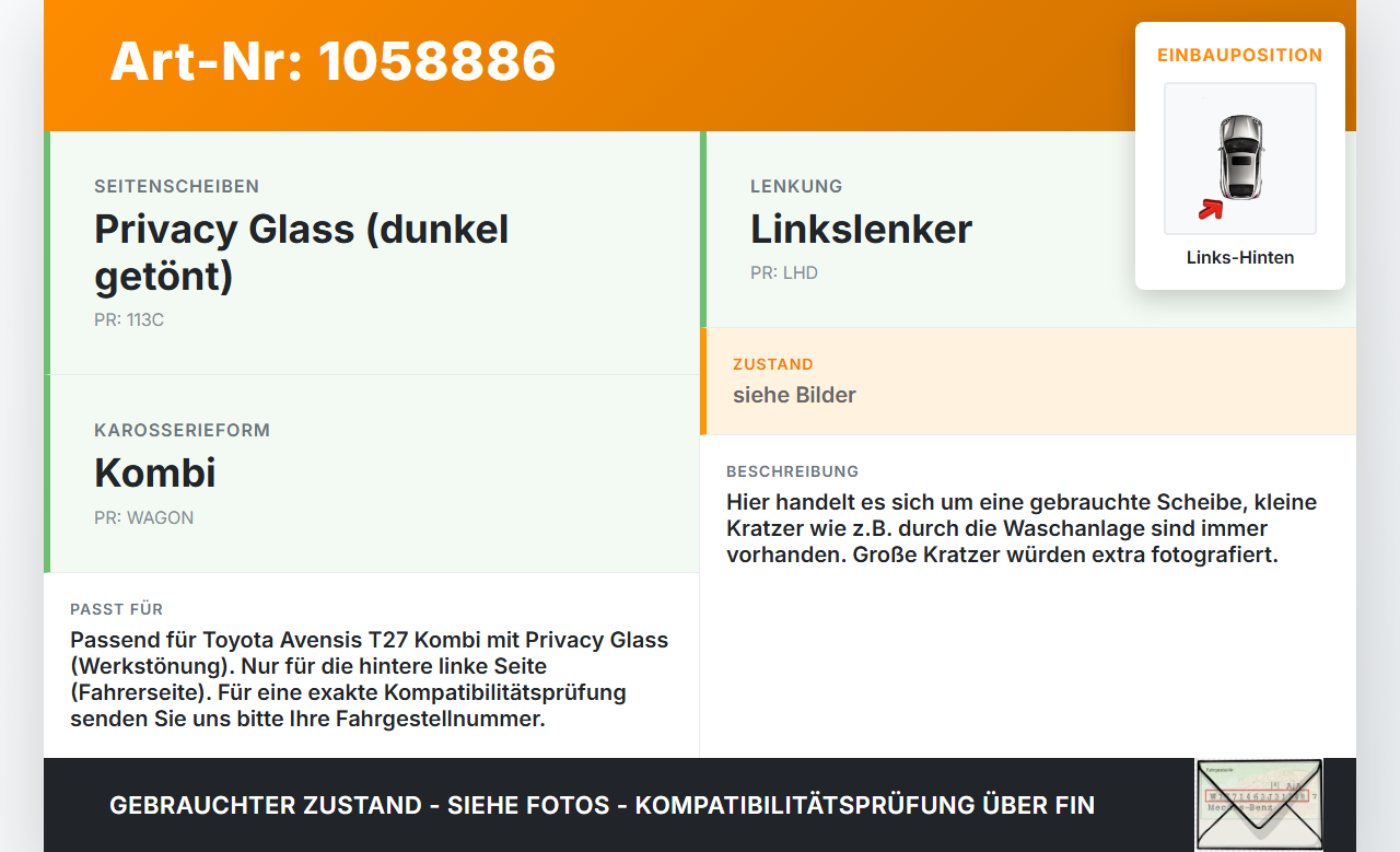 Toyota Avensis T27 08-11 Kombi LH Dreieck Seitenscheibe Links Hinten Orig. getönt Toyota Avensis T27 08-11... Vorschau 3