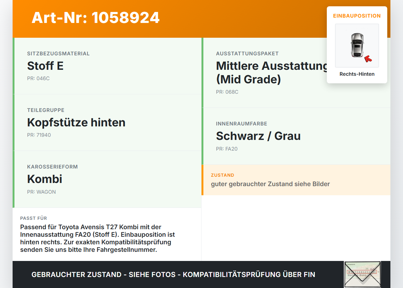 Toyota Avensis T27 08-11 Kopfstütze Rechts Hinten Toyota Avensis T27 08-11 07.09.2011 7194005240C0 gebraucht Vorschau 3