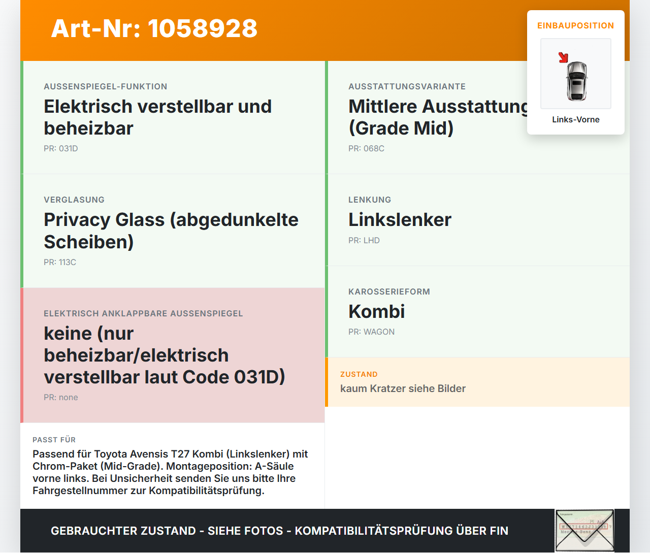 Toyota Avensis T27 08-11 Kombi Blende Aussen Dreieck A-Säule Chrom Links Vorne Toyota Avensis T27 08-11 07.09.2011... Vorschau 3