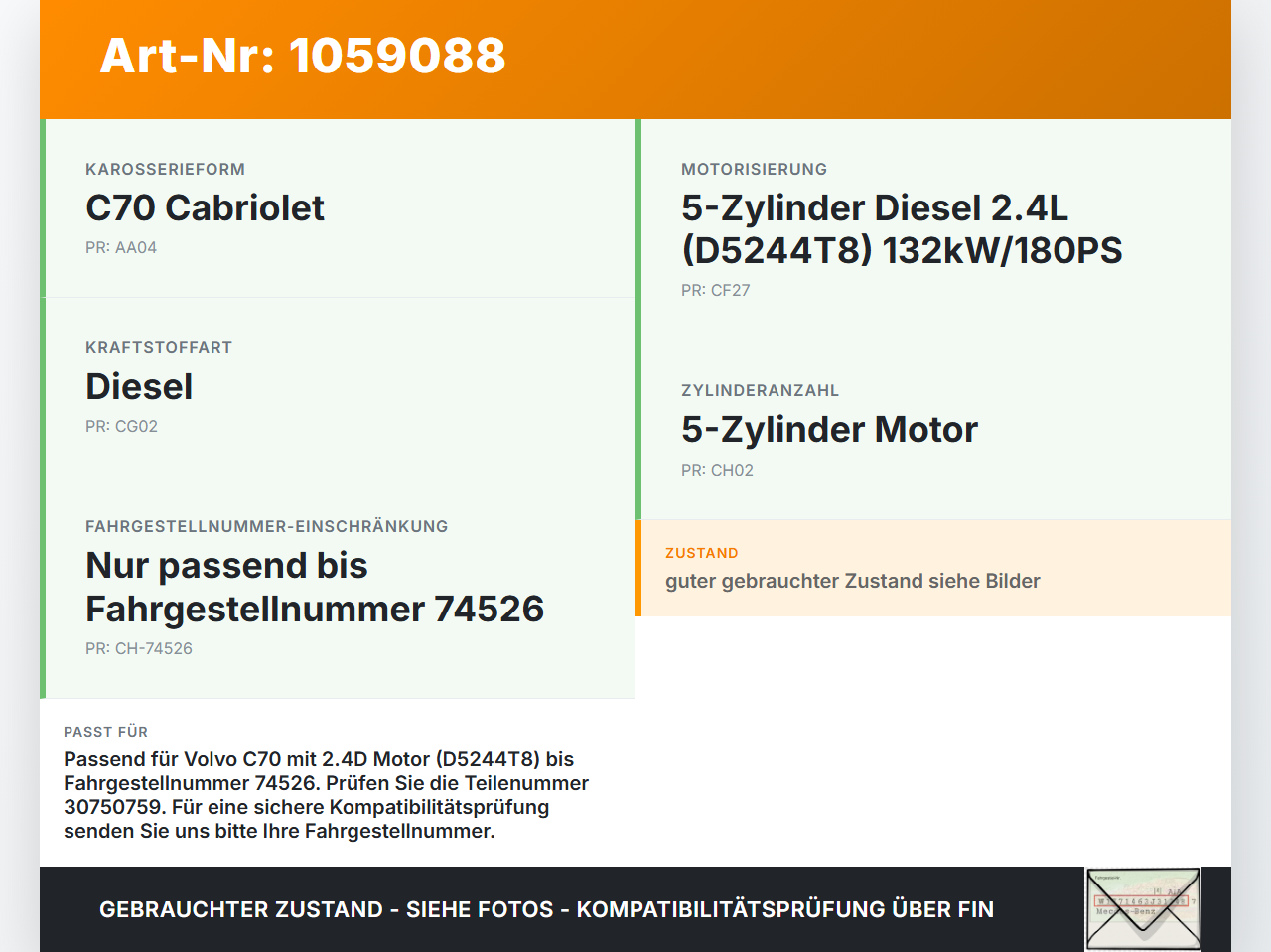 Volvo C70 542 06-09 2,4 132KW D5244T8 Nockenwelle Auslass Volvo C70 542 06-09 01.06.2007 30750759 gebraucht Vorschau 3