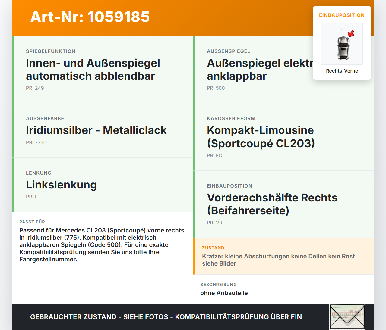 Mercedes CL203 C220 04-08 Coupe Tür Beifahrertür Rechts Vorne 775 Mercedes CL203 C220 04-08 04.07.2006 A2037200605... Vorschau 3