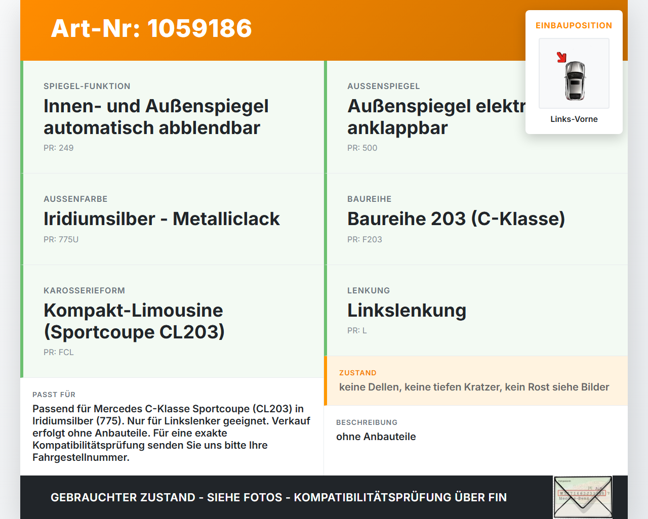 Mercedes CL203 C220 04-08 Coupe Tür Fahrertür Links Vorne 775 Mercedes CL203 C220 04-08 04.07.2006 A2037200505 gebraucht Vorschau 3