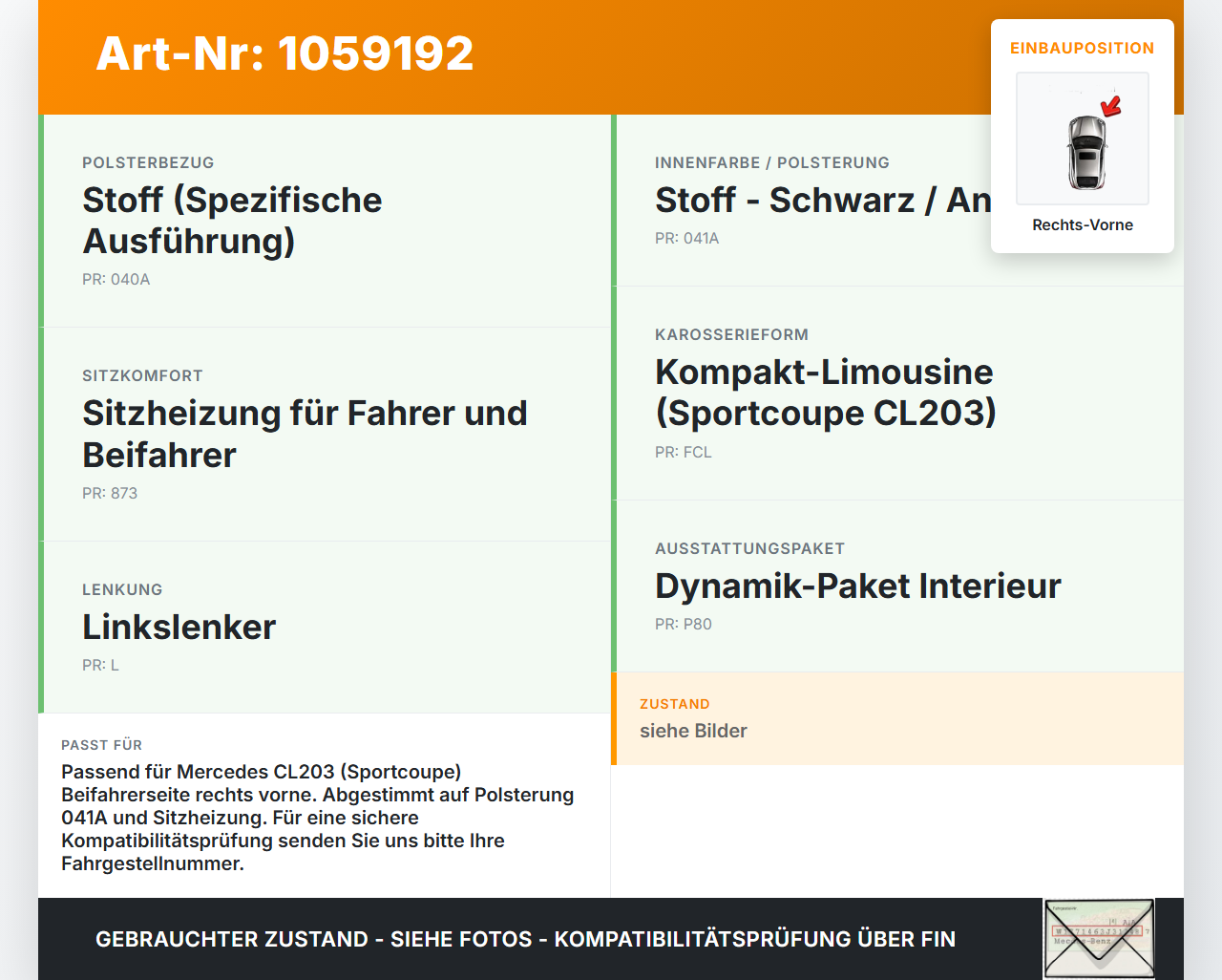 Mercedes CL203 C220 04-08 Coupe Abdeckung Blende Rückenblende für Sitz Beifahrersitz Rechts Vorne Mercedes CL203... Vorschau 3