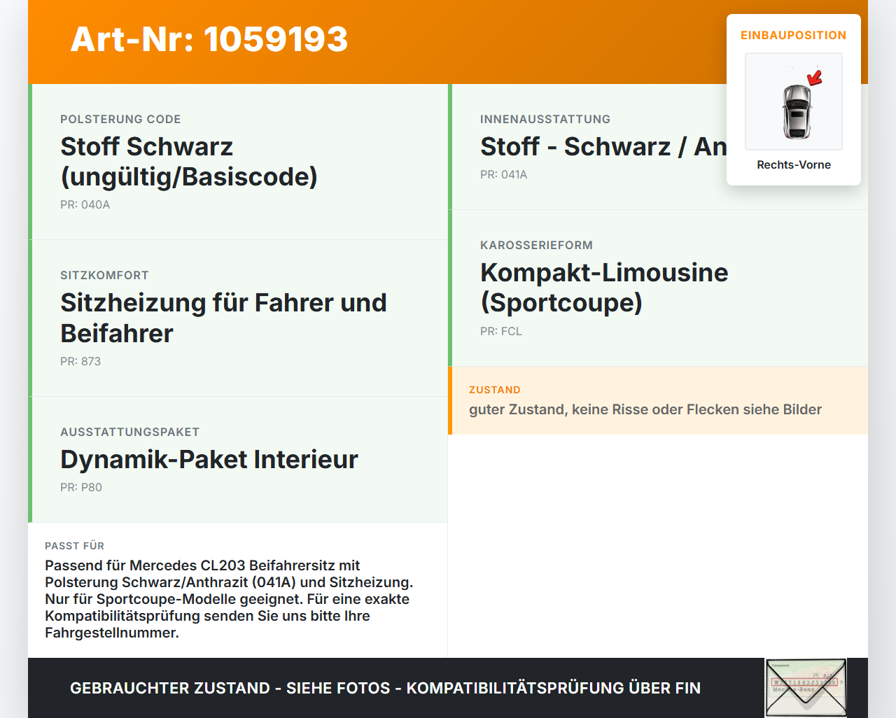 Mercedes CL203 C220 04-08 Coupe Abdeckung Blende Rückenblende für Sitz Beifahrersitz Rechts Vorne Mercedes CL203... Vorschau 3