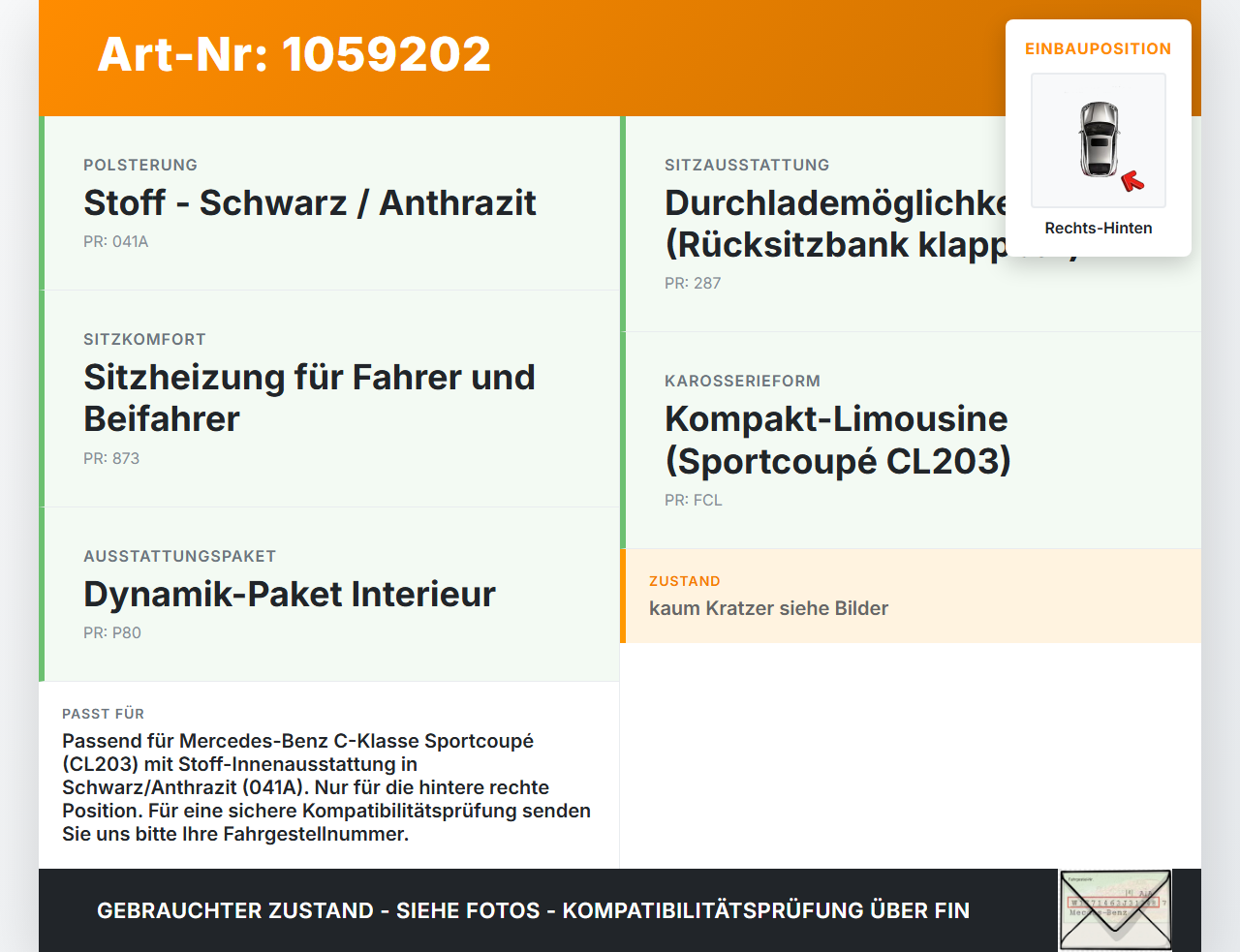 Mercedes CL203 C220 04-08 Kopfstütze Rechts Hinten Mercedes CL203 C220 04-08 04.07.2006 A2039700478 gebraucht Vorschau 3