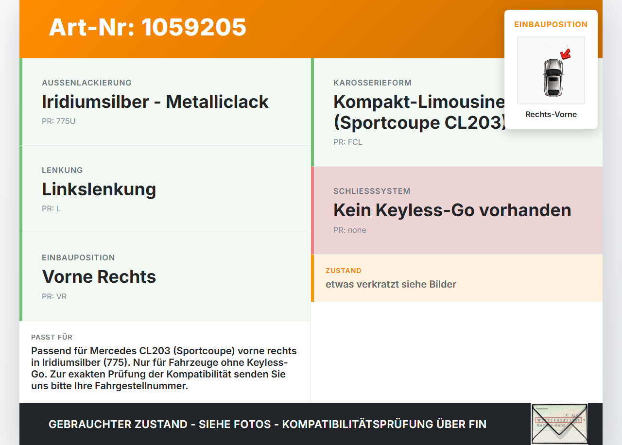 Mercedes CL203 C220 04-08 Coupe Türgriff Griff aussen Rechts Vorne 775 Mercedes CL203 C220 04-08 04.07.2006... Vorschau 3