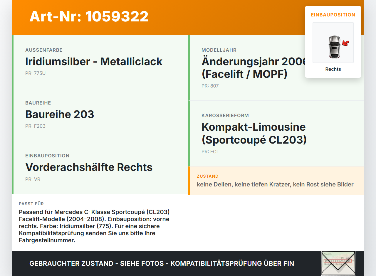 Mercedes CL203 C220 04-08 Kotflügel Rechts 775 Mercedes CL203 C220 04-08 04.07.2006 A2038800418 gebraucht Vorschau 3