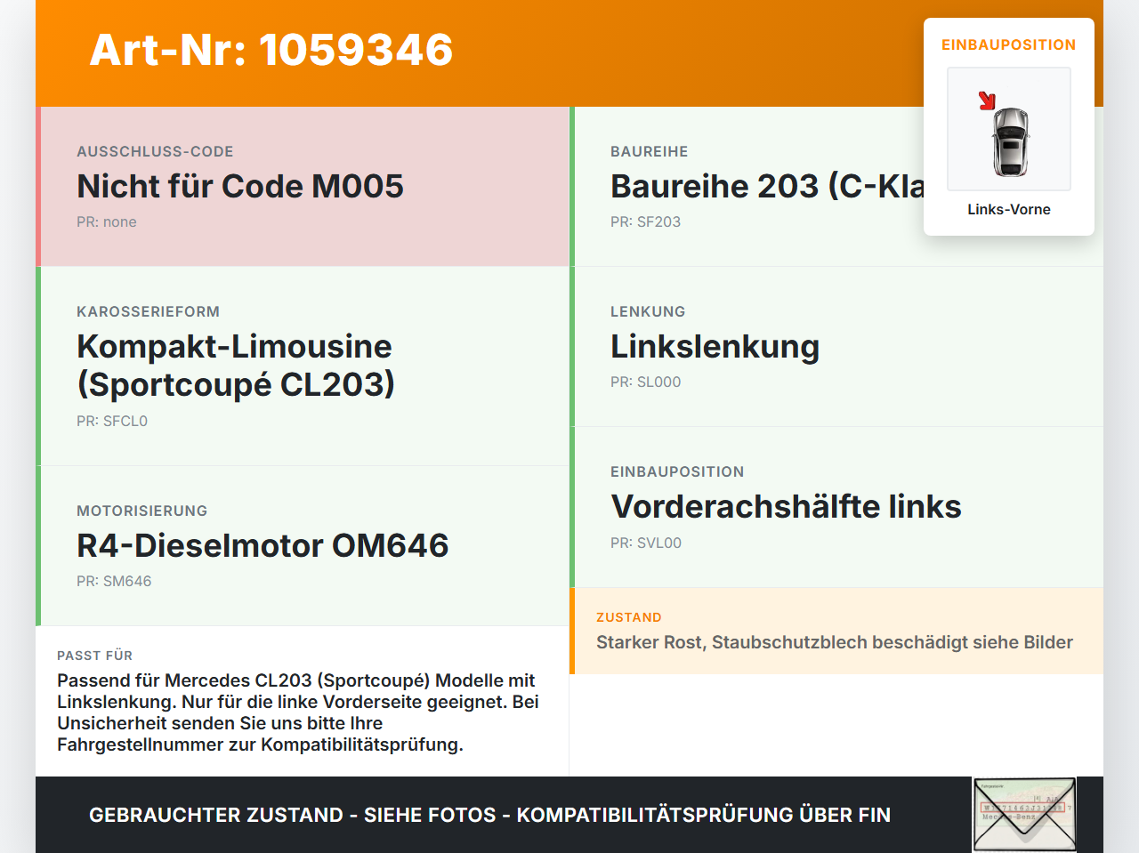 Mercedes CL203 C220 04-08 CDI 2,1 110KW Achsschenkel Radnabe Links Vorne Mercedes CL203 C220 04-08 04.07.2006... Vorschau 3