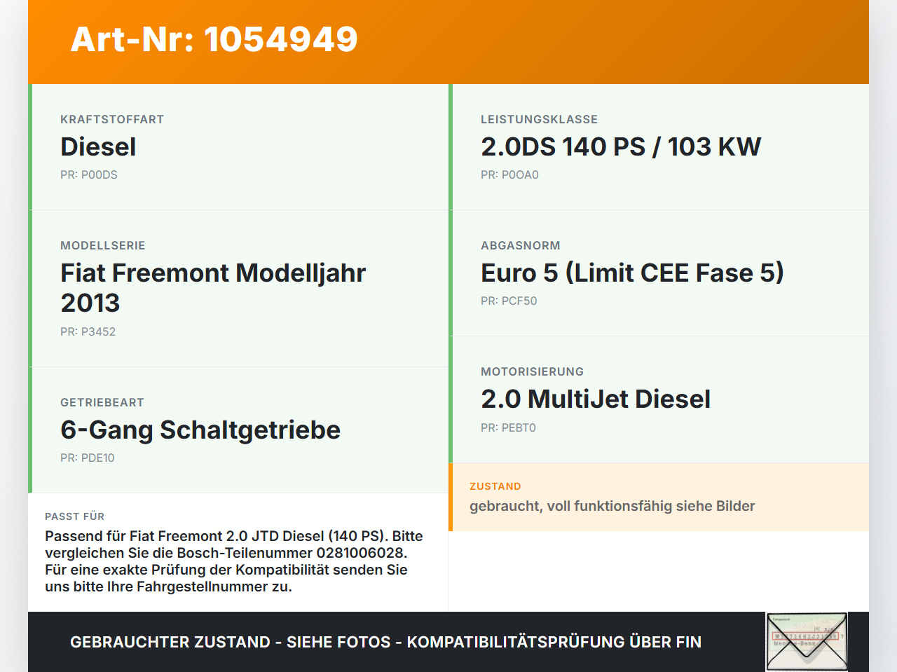 Fiat Freemont 11-16 JTD 2,0 100KW Luftdruck MAP Sensor Fiat Freemont 11-16 17.02.2011 0281006028 gebraucht Vorschau 3