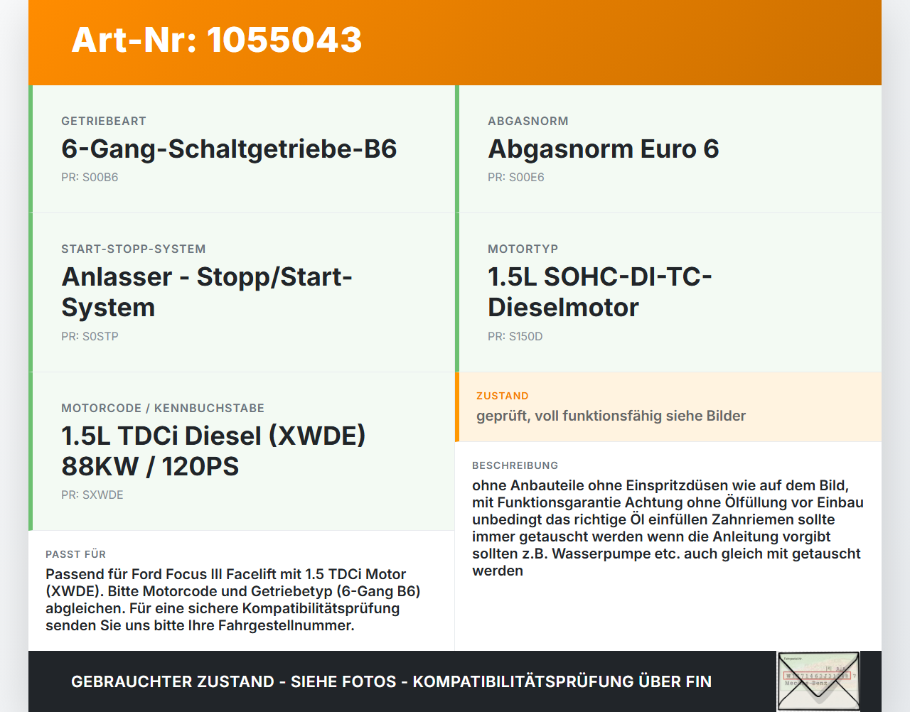 Ford Focus III 3 14-20 1,5 88KW XWDE Motor Triebwerk Ford Focus III 3 14-20 05.07.2017 G1FQ6007 XWDE1063 DV5FCE6B6... Vorschau 3