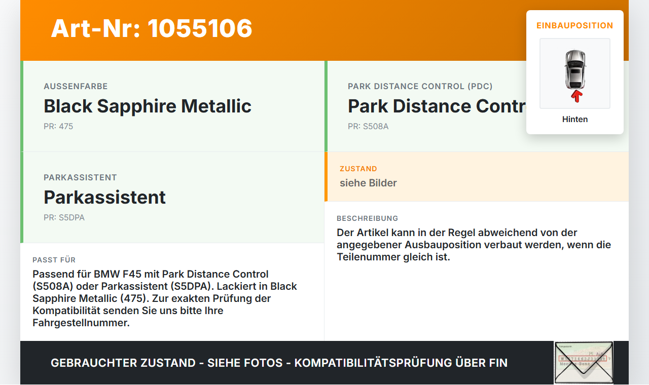 BMW F45 14-18 Abstands Sensor Parksensor PDC Hinten Innen Pos.2 475 BMW F45 14-18 22.11.2017 66209274427 9274427... Vorschau 3