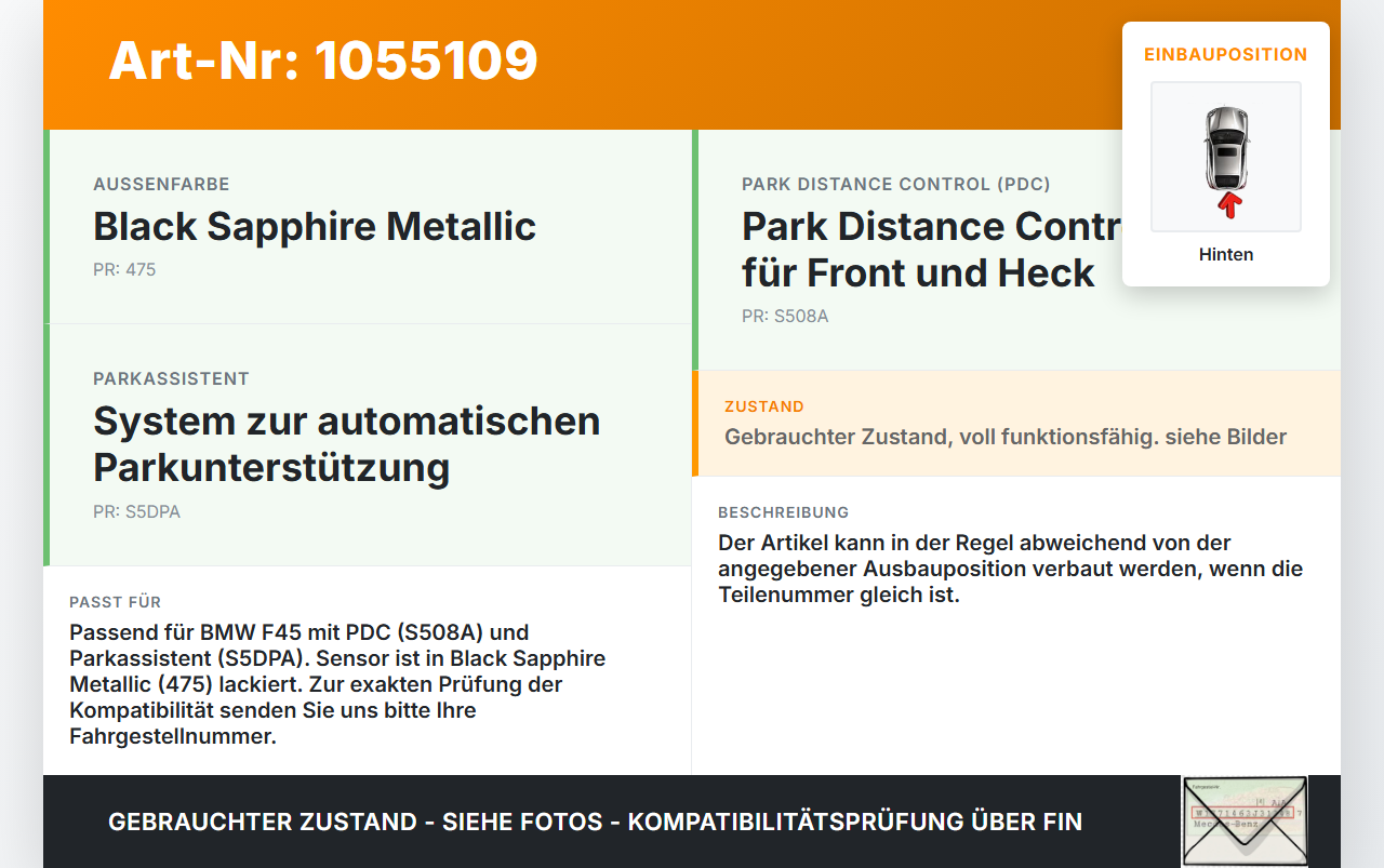 BMW F45 14-18 Abstands Sensor Parksensor PDC Hinten Aussen Pos.2 475 BMW F45 14-18 22.11.2017 66209274427 9274427... Vorschau 3