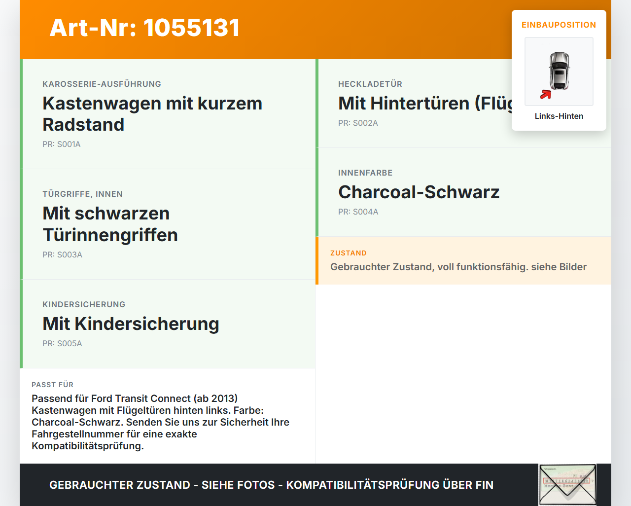 Ford Transit Connect 13-18 Lang Türgriff Griffmuschel Griff Innen Links Hinten für Flügeltür Ford Transit Connect... Vorschau 3