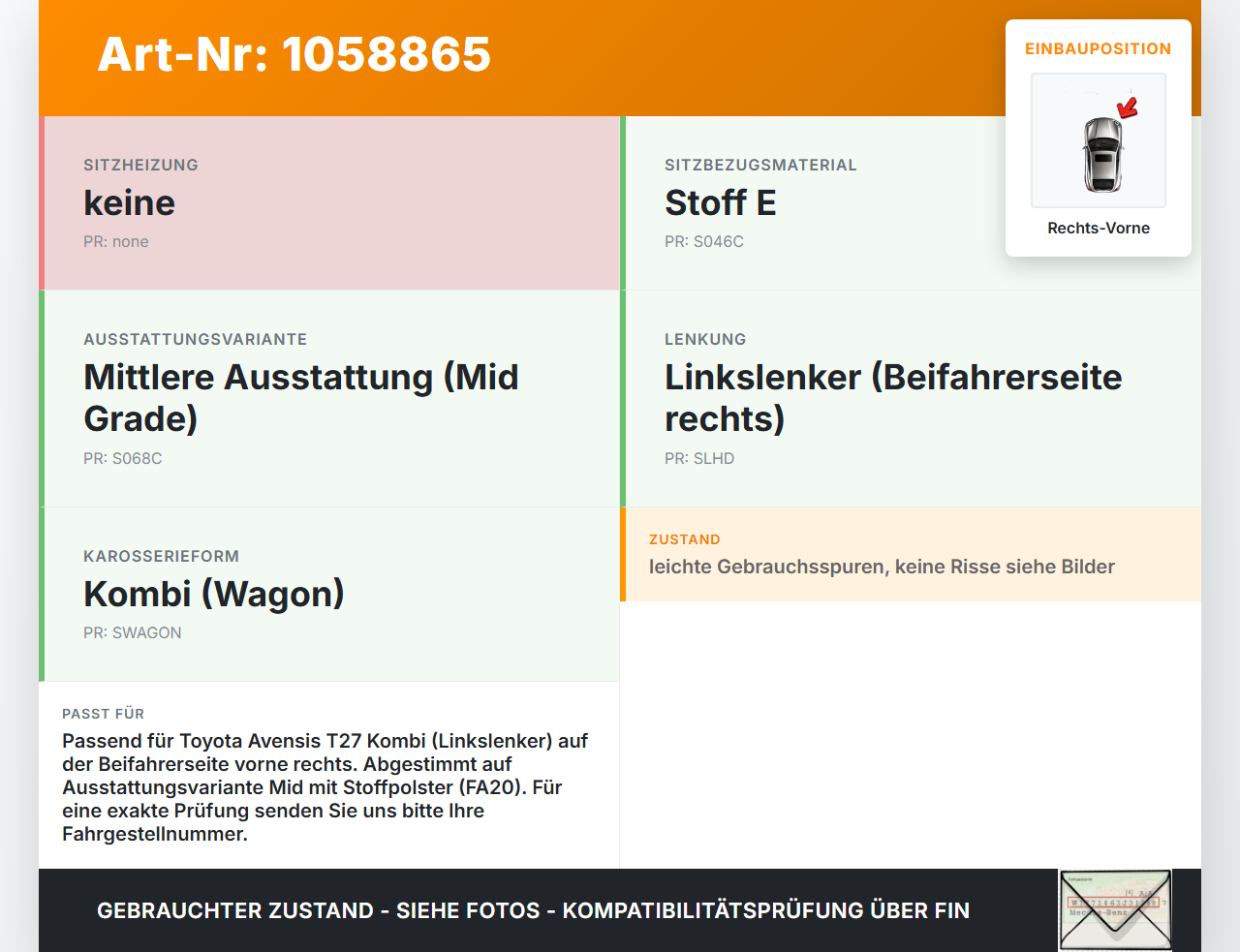 Toyota Avensis T27 08-11 Kombi Sitzpolster für Beifahrersitz Rechts Vorne Toyota Avensis T27 08-11 07.09.2011... Vorschau 3