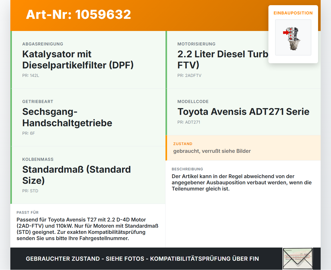 Toyota Avensis T27 08-11 2,2 110KW 2ADFTV Kolben mit Pleuel Pos C Toyota Avensis T27 08-11 07.09.2011 131010R060... Vorschau 3