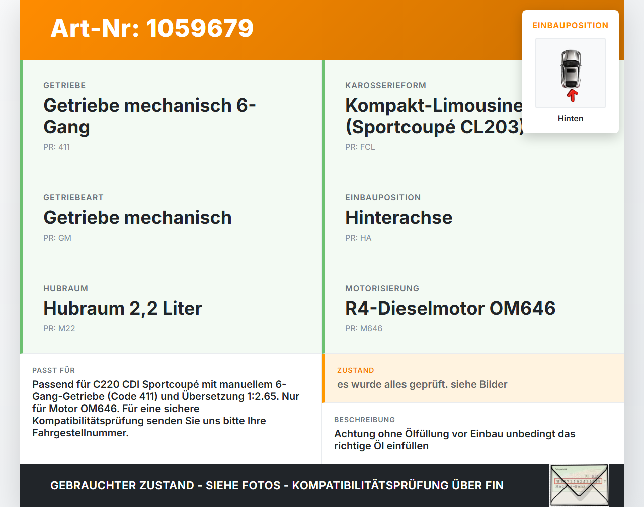 Mercedes CL203 C220 04-08 CDI 2,1 110KW Differential Hinterachsgetriebe Hinten Mercedes CL203 C220 04-08 04.07.2006... Vorschau 3