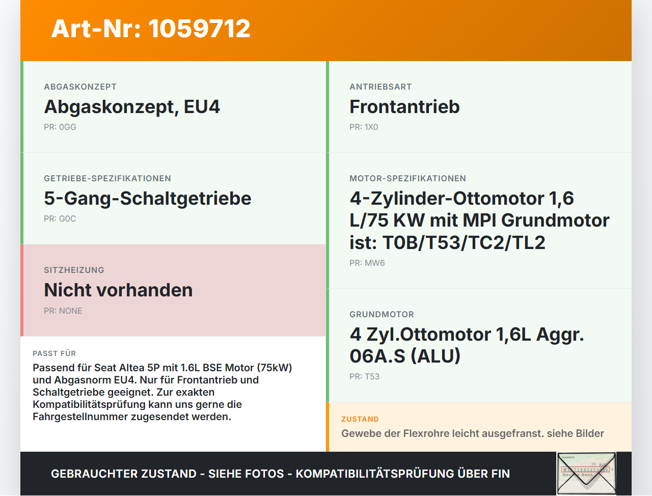 Seat Altea 5P 04-09 1,6 75KW Katalysator Kat Seat Altea 5P 04-09 21.11.2007 1K0254505RX gebraucht Vorschau 3