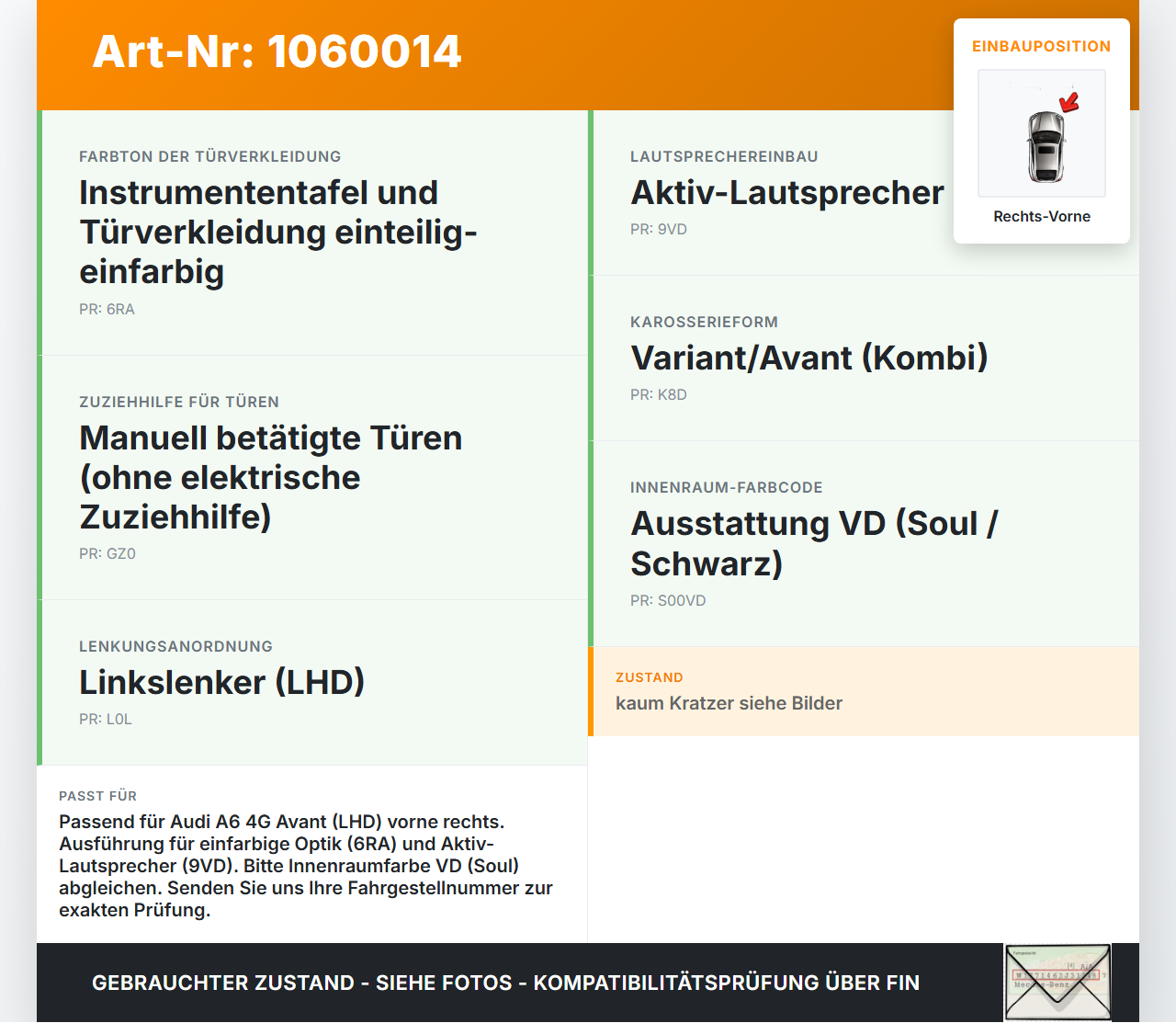 Audi A6 4G 11-14 Kombi Türverkleidung Türpappe Rechts Vorne Audi A6 4G 11-14 11.04.2012 4G1867104A gebraucht Vorschau 3