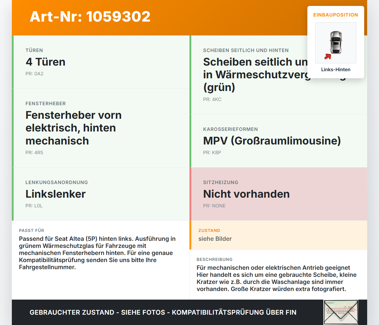 Seat Altea 5P 04-09 Seitenscheibe LHK  für Türscheibe Fenster Links Hinten Seat Altea 5P 04-09 21.11.2007 5P0845025... Vorschau 3