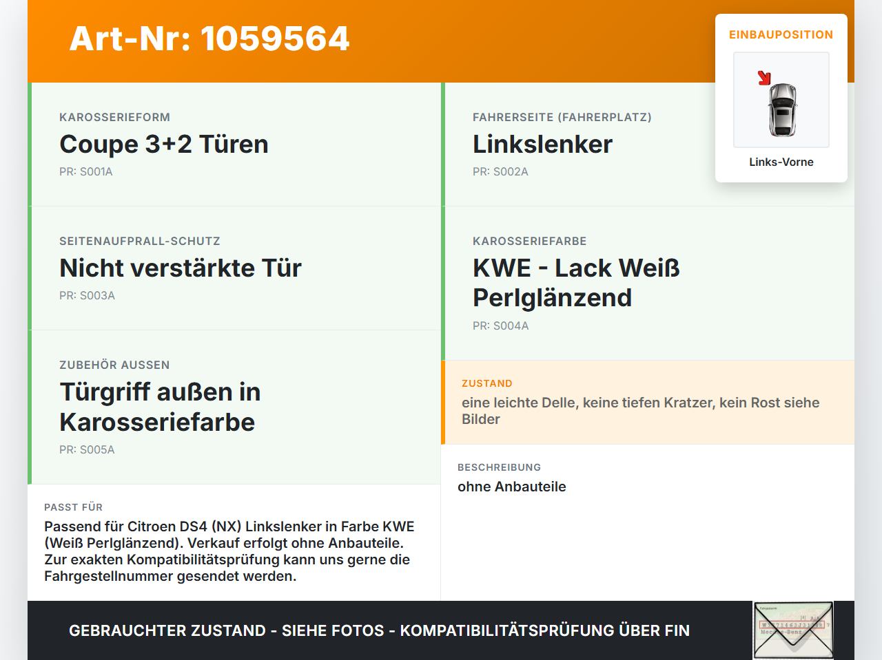 Citroen DS4 NX 11-15 Tür Fahrertür Links Vorne KWE Citroen DS4 NX 11-15 20.05.2011 9002EH N90729002 gebraucht Vorschau 3