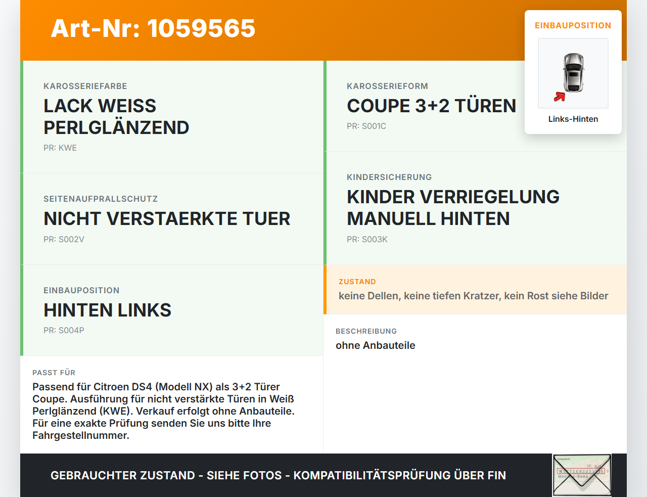 Citroen DS4 NX 11-15 Tür Links Hinten KWE Citroen DS4 NX 11-15 20.05.2011 9006S1 gebraucht Vorschau 3