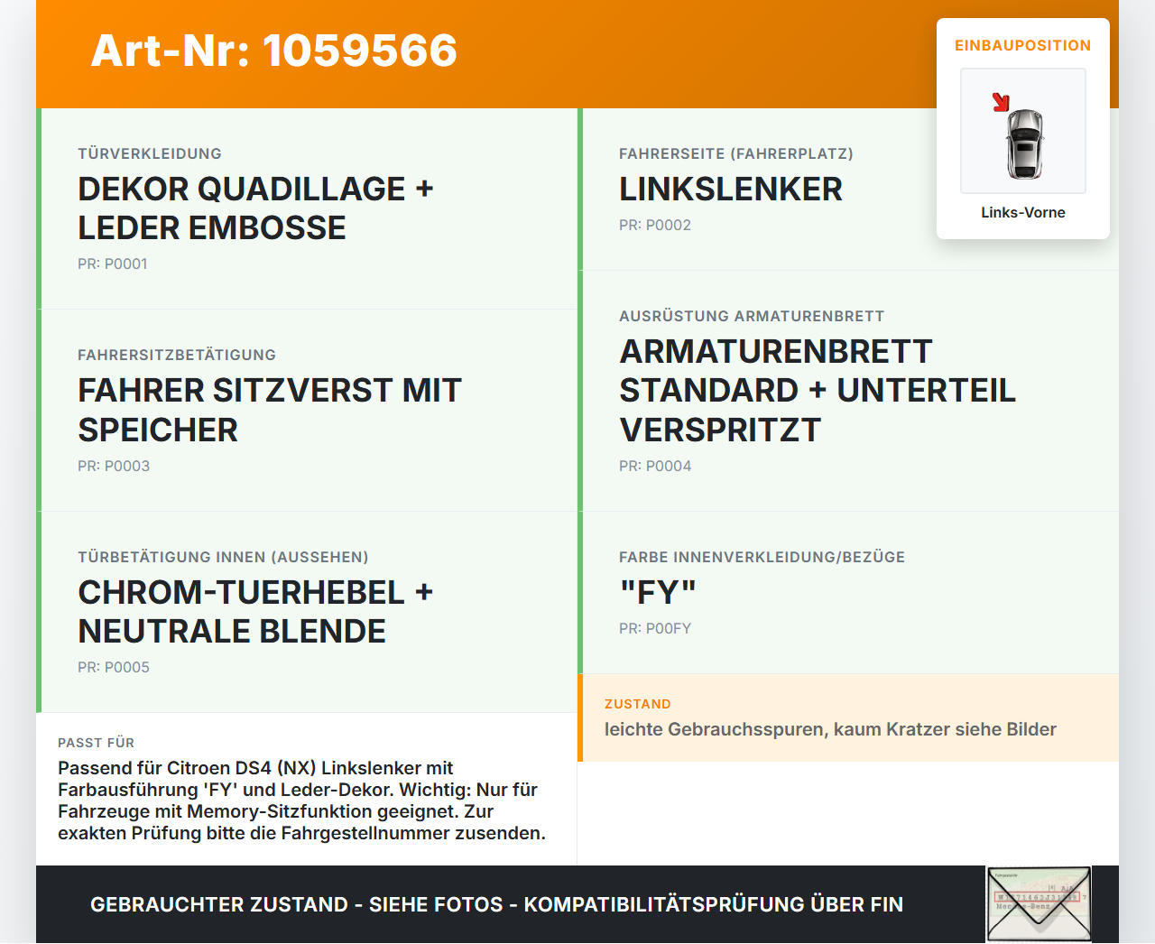 Citroen DS4 NX 11-15 Türverkleidung Türpappe Links Vorne Citroen DS4 NX 11-15 20.05.2011 98082757ZD gebraucht Vorschau 3